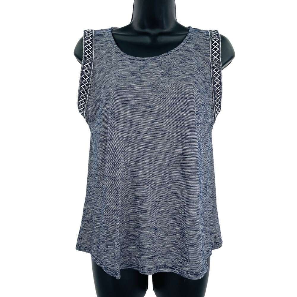 W5 Sleeveless Top Women S Blue Space Dye Embroidered Trim‎ Boho Scoop Neck
